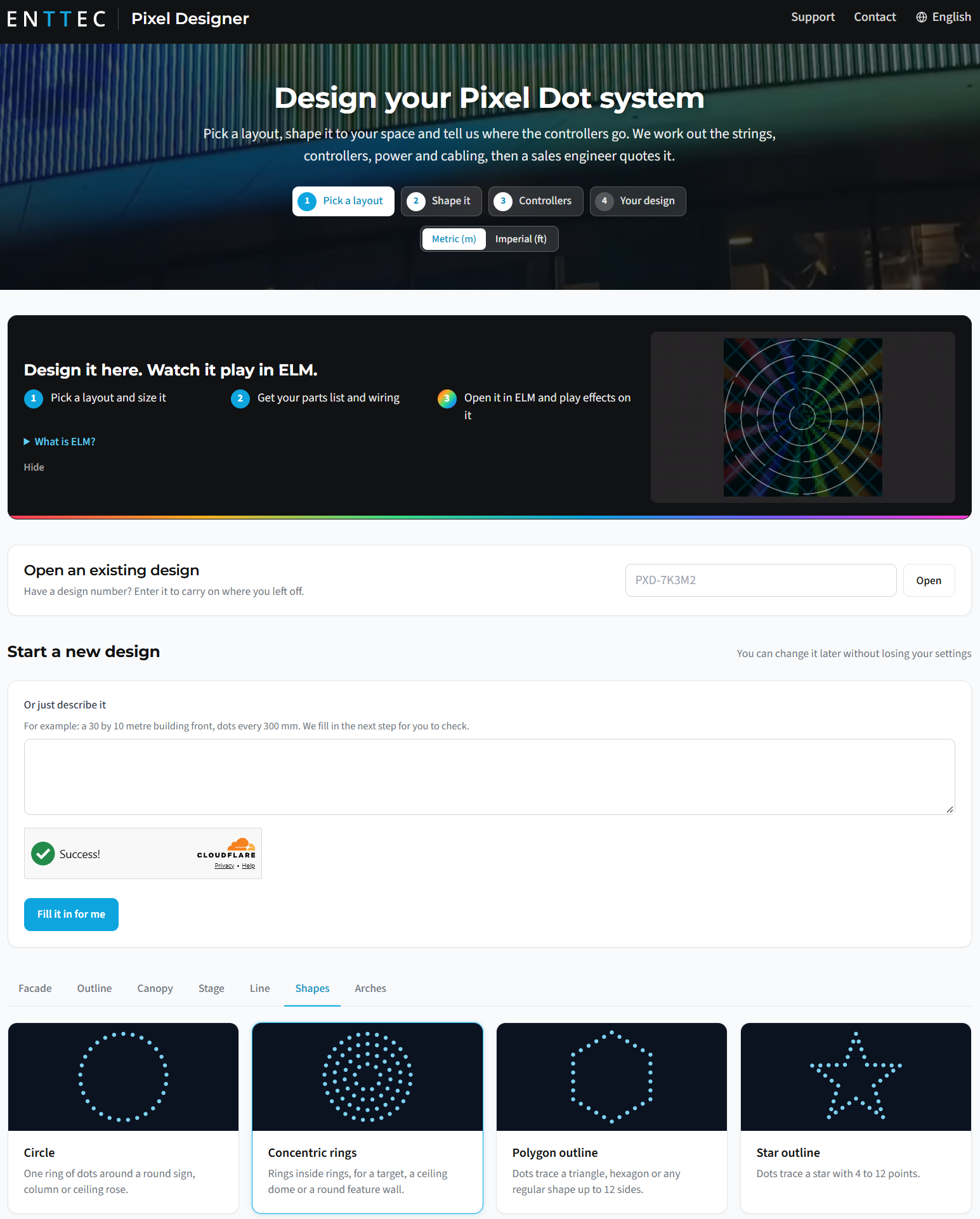 Pixel Designer web tool showing layout picker, ELM integration panel and shape options including concentric rings and circle